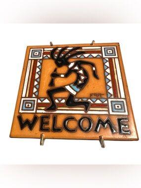 Earthtones VTG KRit 1985 Southwestern art tile 6x6 fKokopelli figure “WELCOME”